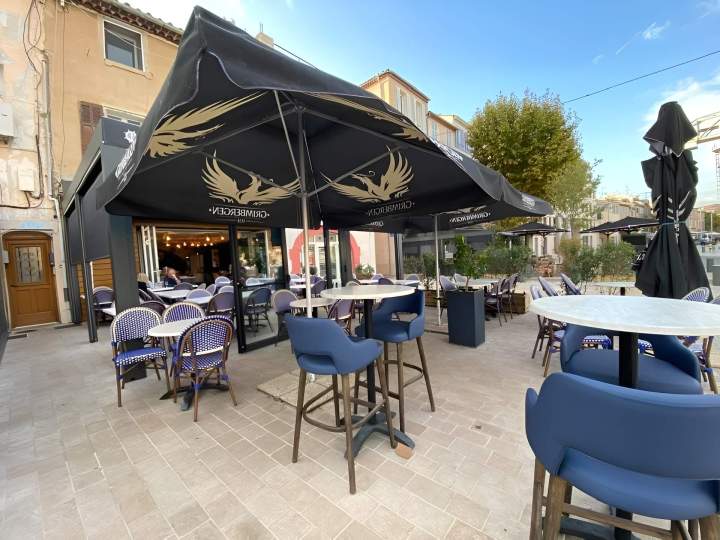 A shaded space for outdoor dining.